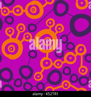 Connected spots pattern in violet and pink color. Seamless Wallpaper Pattern. Lines lead from one round spot to another. Stock Vector
