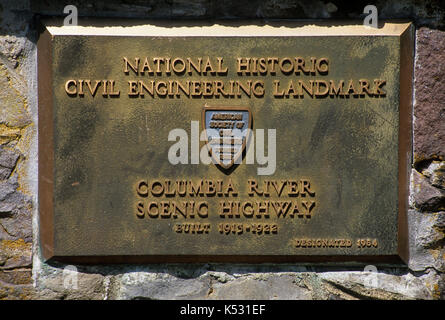 Historic Columbia River Highway plaque near Multnomah Lodge, Mt Hood National Forest, Columbia River Gorge National Scenic Area, Oregon Stock Photo