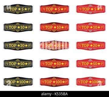 Top 5, top 10, top 20, top 50, top 100. Set of badge with black and red gradient. Yellow elements of decoration and text Stock Vector