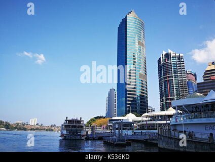 View of the Riverside Centre  and the pier at Eagle Street in Brisbane City, Queensland, Australia on a sunny, mild winter afternoon. Stock Photo