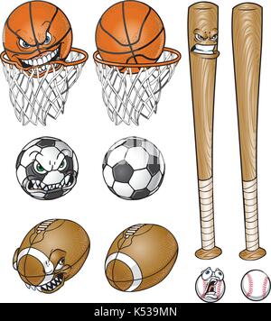 Vector cartoon clip art illustration set of a soccer ball, football, baseball and bat, and basketball and net, each one with and without a face. Stock Vector