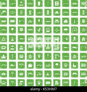 100 city icons set grunge green Stock Vector
