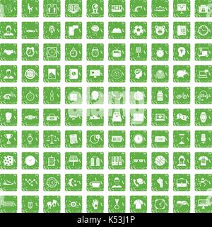 100 clock icons set grunge green Stock Vector