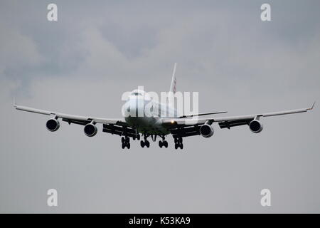 LX-FCL, a Boeing 747-467F (still retaining its Cathay Pacific colours) operated by Cargolux, at Prestwick International Airport in Ayrshire. Stock Photo