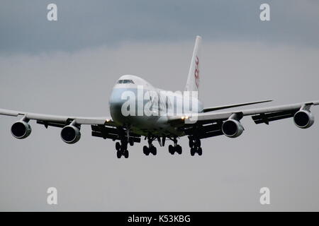 LX-FCL, a Boeing 747-467F (still retaining its Cathay Pacific colours) operated by Cargolux, at Prestwick International Airport in Ayrshire. Stock Photo