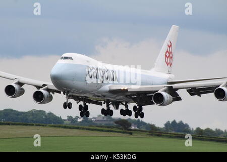 LX-FCL, a Boeing 747-467F (still retaining its Cathay Pacific colours) operated by Cargolux, at Prestwick International Airport in Ayrshire. Stock Photo