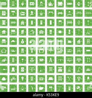 100 comfortable house icons set grunge green Stock Vector
