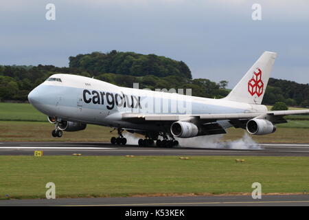 LX-FCL, a Boeing 747-467F (still retaining its Cathay Pacific colours) operated by Cargolux, at Prestwick International Airport in Ayrshire. Stock Photo