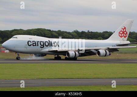 LX-FCL, a Boeing 747-467F (still retaining its Cathay Pacific colours) operated by Cargolux, at Prestwick International Airport in Ayrshire. Stock Photo