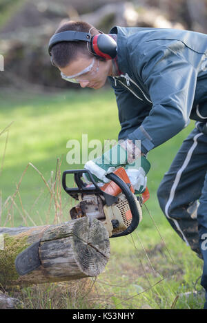 young man cutting trees using a chainsaw Stock Photo