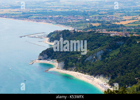 Aerial view  Sirolo beach, Conero, Marche, Italy. Due sorelle beach. Italian landmark Stock Photo