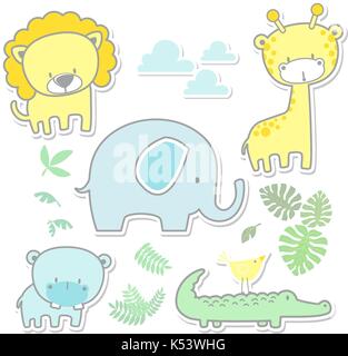 vector cartoon illustration of six cute baby animals and jungle leaves isolated on white background, ideal for nursery art decoration or scrapbook Stock Vector