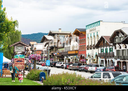 Mains Street Scene in Bavarian-Themed Mountain Village of Leavenworth, Washington Stock Photo