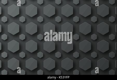 Design of a black vector background with hexagons of various sizes floating in the air at different heights. Stock Vector