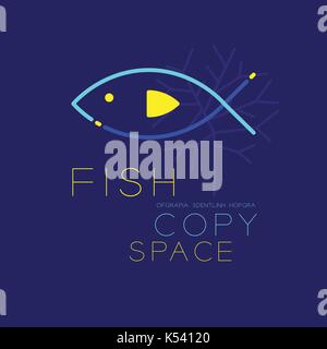 Fish and Coral logo icon outline stroke set dash line design illustration blue and yellow color isolated on dark blue background with Fish text and co Stock Vector