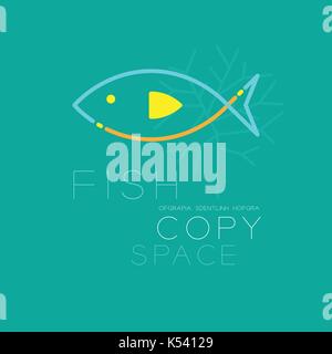 Fish and Coral logo icon outline stroke set dash line design illustration blue orange and yellow color isolated on green turquoise background with Fis Stock Vector