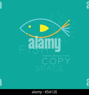Fish and Coral logo icon outline stroke set dash line design illustration blue orange and yellow color isolated on green turquoise background with Fis Stock Vector