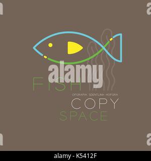 Fish and Seaweed logo icon outline stroke set dash line design illustration blue green and yellow color isolated on brown background with Fish text an Stock Vector