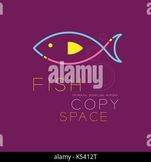 Fish and Air bubble logo icon outline stroke set dash line design illustration blue pink and yellow color isolated on purple background with Fish text Stock Vector
