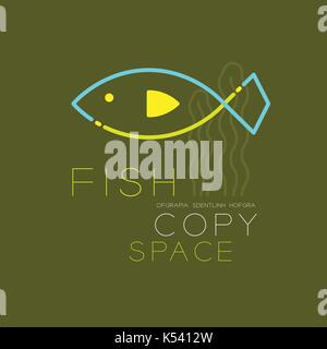 Fish and Seaweed logo icon outline stroke set dash line design illustration blue green and yellow color isolated on dark olive green background with F Stock Vector