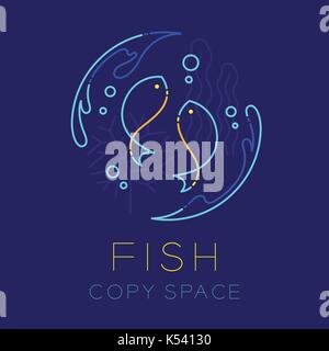 Two Fish or Pisces, Water splash,  Coral, Seaweed and Air bubble logo icon outline stroke set dash line design illustration isolated on dark blue back Stock Vector