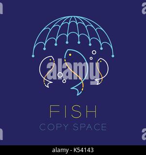 Fish, Fishing net and Air bubble logo icon outline stroke set dash line design illustration isolated on dark blue background with Fish text and copy s Stock Vector