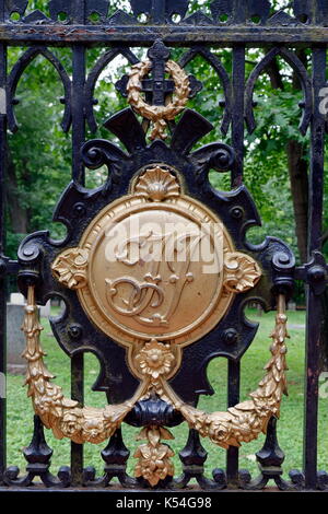 Jefferson family crest on cemetery gate at Thomas Jefferson's estate, Monticello, located in Charlotesville, Virginia, USA. Stock Photo