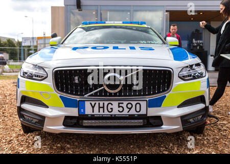 ROSTOCK  / GERMANY - AUGUST 12, 2017: swedish police car from volvo stands on a public event, hanse sail in rostock. Stock Photo