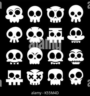 Halloween vector cartoon skull icons, Mexican white cute sugar skulls design set, Dia de los Muertos on black background Stock Vector