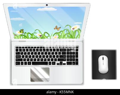 top view real white laptop computer with mouse Stock Vector