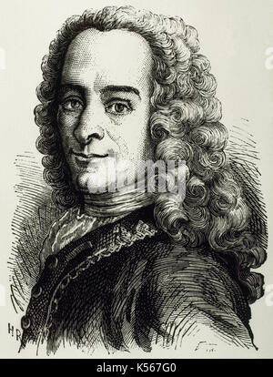 Voltaire (François-Marie Arouet) (1694-1778). French writer of The Enlightenment. Portrait. Engraving. Stock Photo