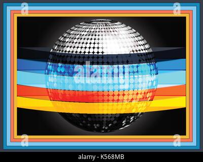 3D Illustration of Silver Disco Ball Wrapped in Multicoloured Stripes Over Black Background with Rainbow Frame Stock Vector