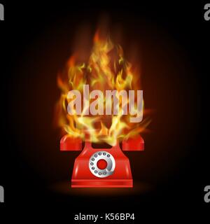 Burning Red Phone with Fire Flame Stock Vector