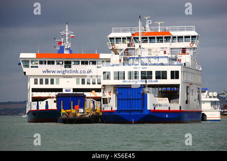 Two Isle of Wight ferries, MV St Cecilia and MV Wight Sun, seen in Portsmouth Harbour. Stock Photo