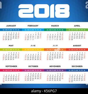 Calendar 2018 design with abstract blue geometric background. Week starts on Sunday Stock Vector