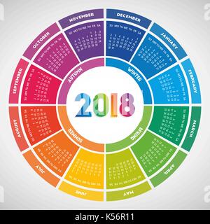 Colorful round calendar 2018 design. Week starts on Sunday Stock Vector