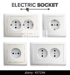 Socket Isolated Set Vector. White Double Grounded Power Switch. Plastic Panel. Electrical Outlet. Realistic Illustration Stock Vector