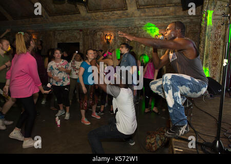 Daybreaker sober rave, latest fitness phenomenon, alternative way of getting a morning workout Stock Photo