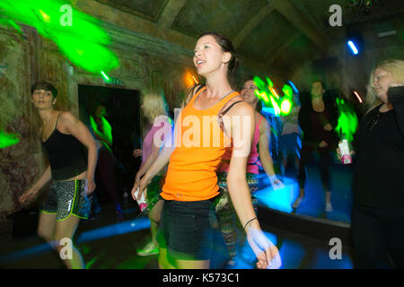 Daybreaker sober rave, latest fitness phenomenon, alternative way of getting a morning workout Stock Photo