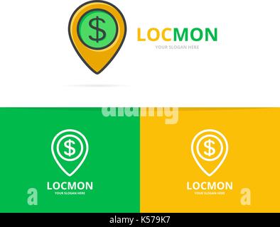 Vector of pin and dollar logo combination. Unique point and bank logotype design template. Stock Vector