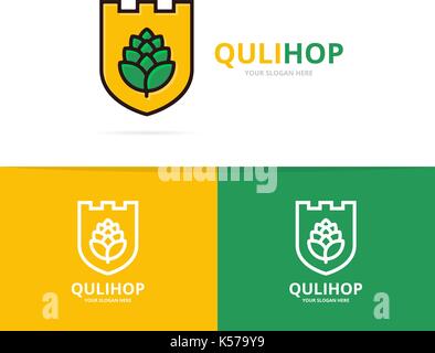 Vector of shield and hop logo combination. Beer and bar symbol or icon Stock Vector