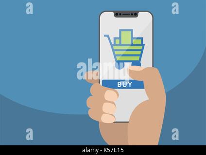 Mobile online shopping concept displayed on frameless touchscreen as vector illustration. Hand holding bezel free smartphone with icon of shopping car Stock Vector