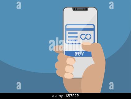 Mobile payment and credit card concept displayed on frameless touchscreen as vector illustration. Hand holding bezel free smartphone with icon of cred Stock Vector
