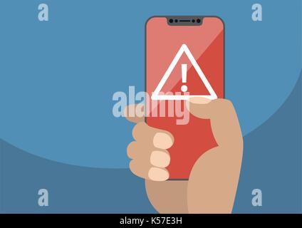 Attention or alert concept displayed on frameless touchscreen as vector illustration. Hand holding bezel free smartphone with icon of exclamation mark Stock Vector