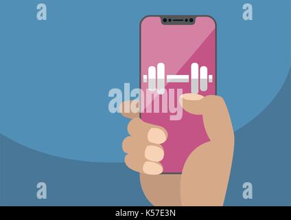 Health or fitness app concept on frameless touchscreen as vector illustration. Hand holding bezel free smartphone with icon of gym weights Stock Vector