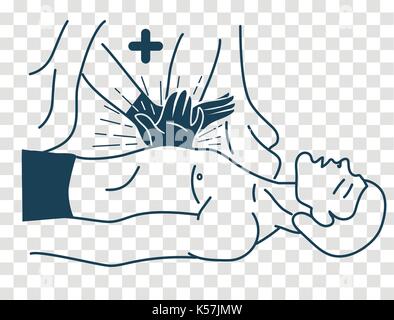 concept of the first medical aid to the patient, the indirect massage of the heart. icon, silhouette in the linear style Stock Vector