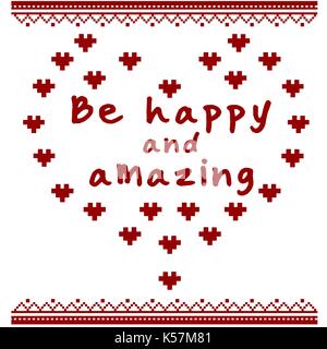 Text Be happy and loved vector text on patterned background with red heart. vector Valentine's day card, gift. Stock Vector