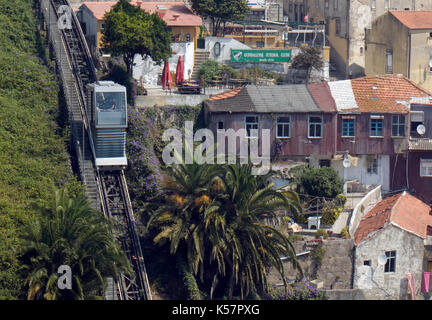 A cabin of the Guindais Funicular (Funicular dos Guindais) railway climbs a hill in Porto, Portugal August 22, 2017. © John Voos Stock Photo