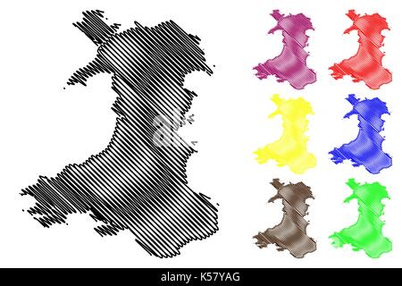 Walesh map vector illustration, scribble sketch Walesh Stock Vector