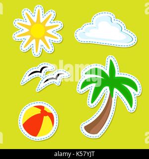 Summer stripped stickers. Summer ball, palm, sun and clouds in one set Stock Vector